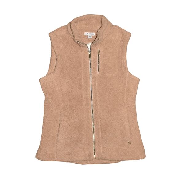 CALVIN KLEIN NEW $98 Beige Latte Full Zip Sherpa Fleece Vest Pockets Medium - Picture 1 of 3